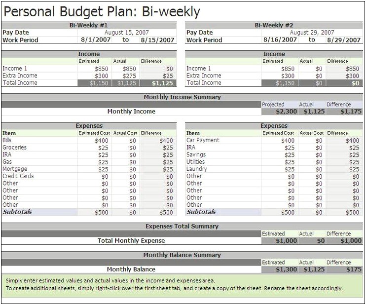 Monthly Budget Based On Biweekly Pay Template Free