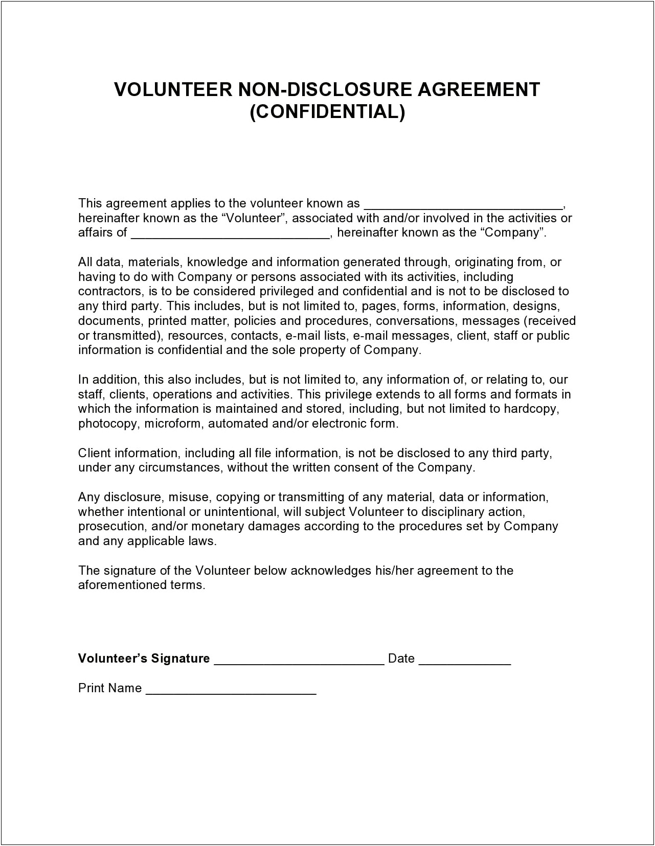 Non Disclosure Agreement Financial Records Free Template