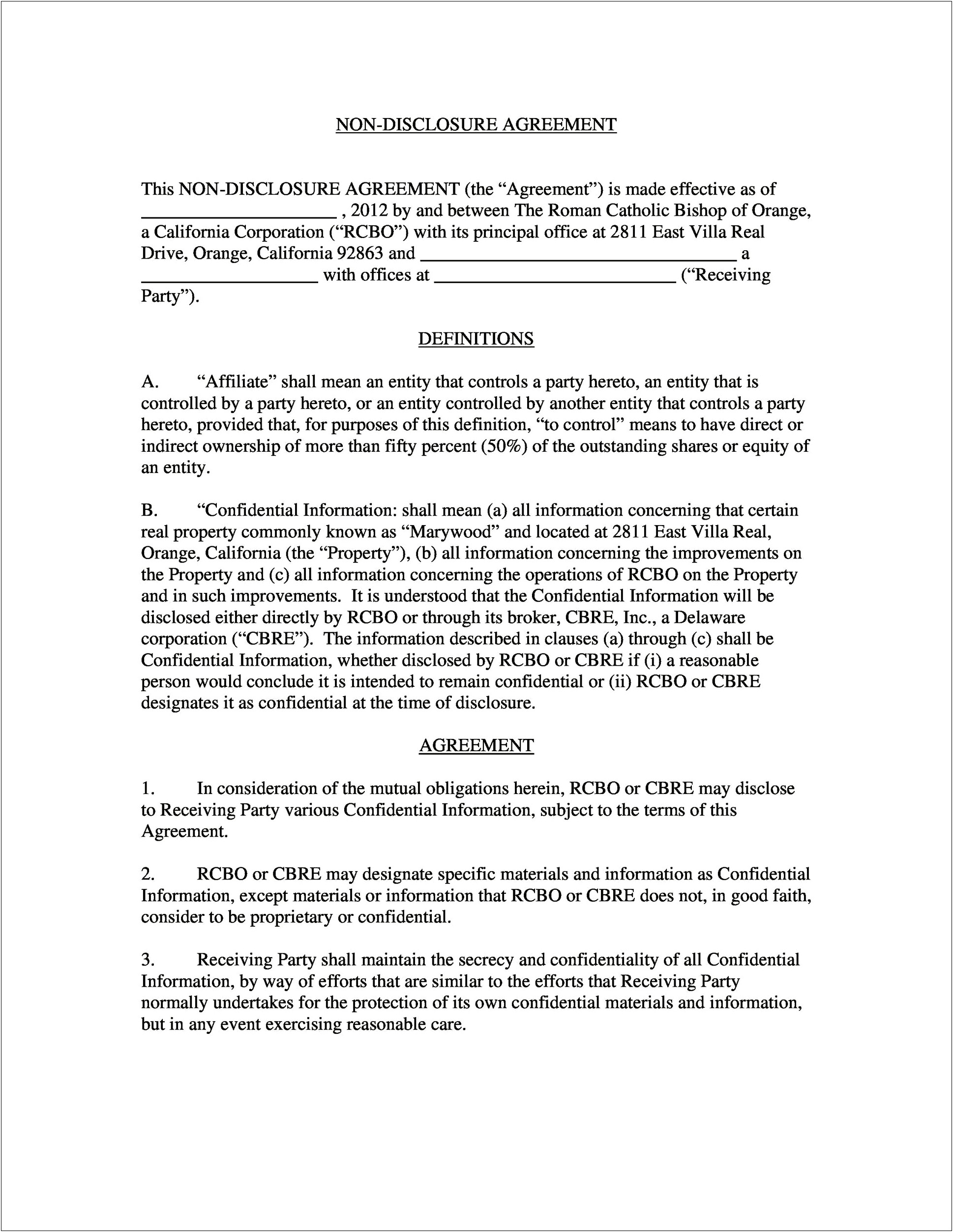 Non Disclosure Agreement Template Free Download