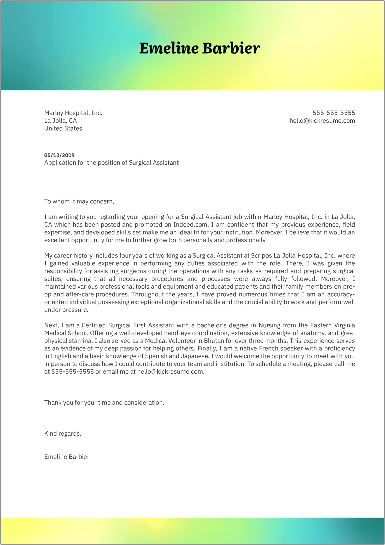 Operating Room Nursing Email Cover Letter Free Template