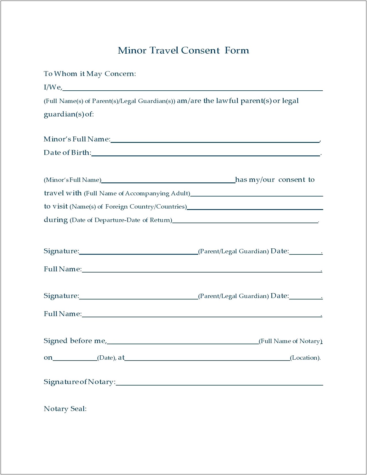 Parental Consent Form For Minor Travel Free Template
