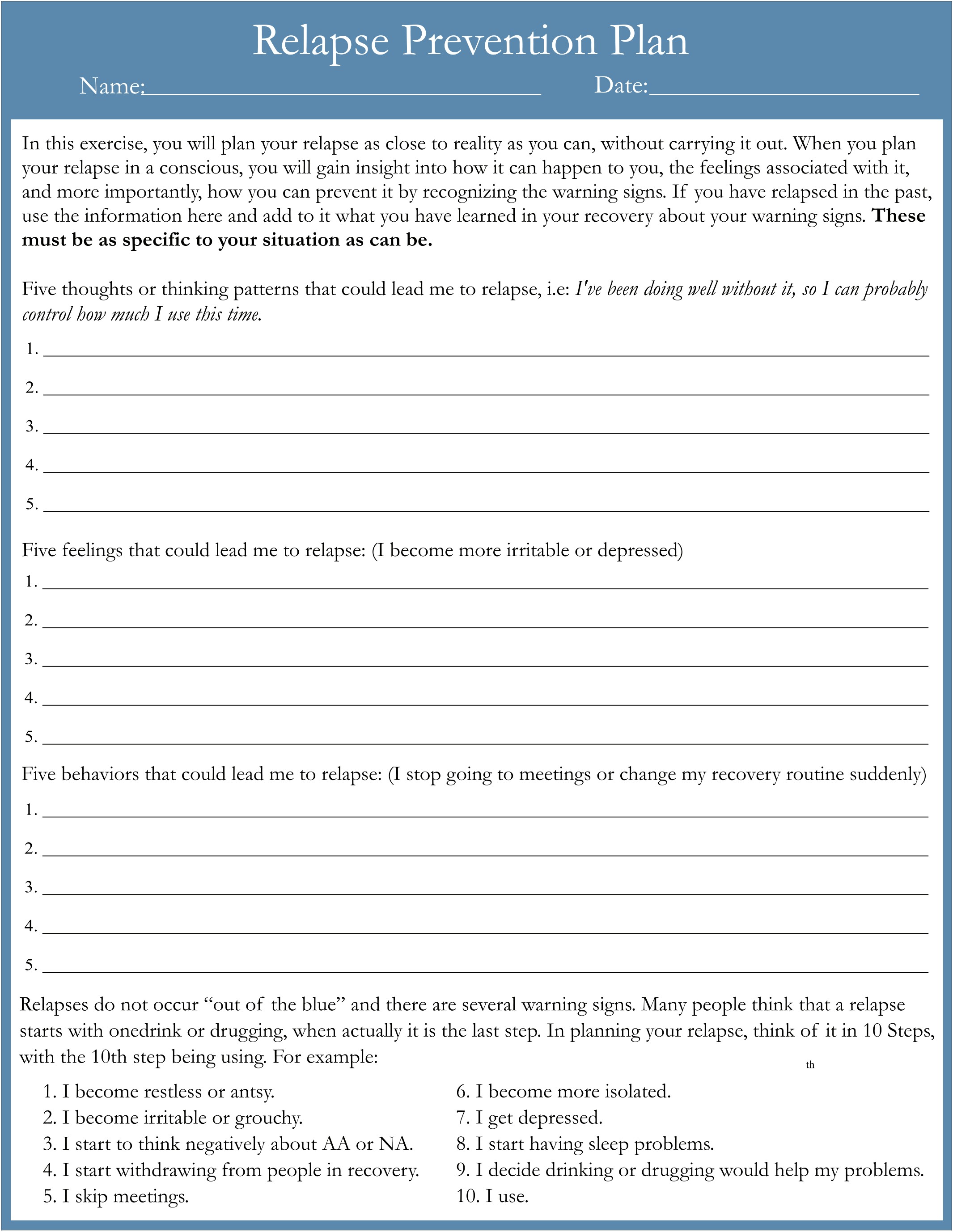 Relapse Prevention Plan Template Pdf Fillable Free