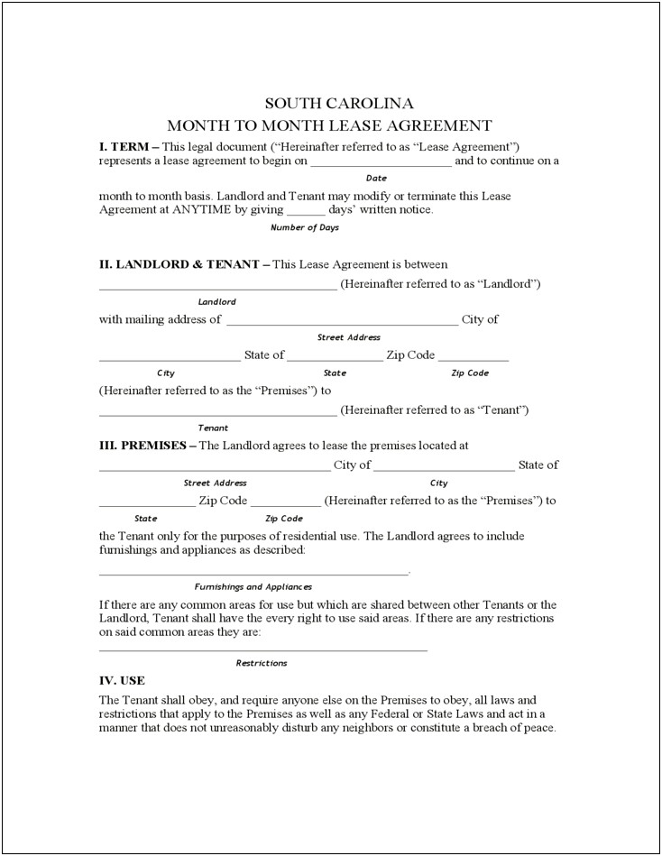 Residential Lease Agreement Template Free South Carolina