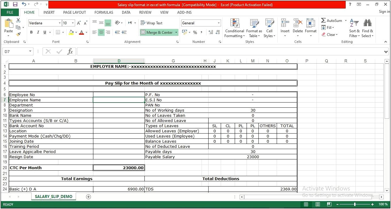 Salary Slip Excel Template Free Download