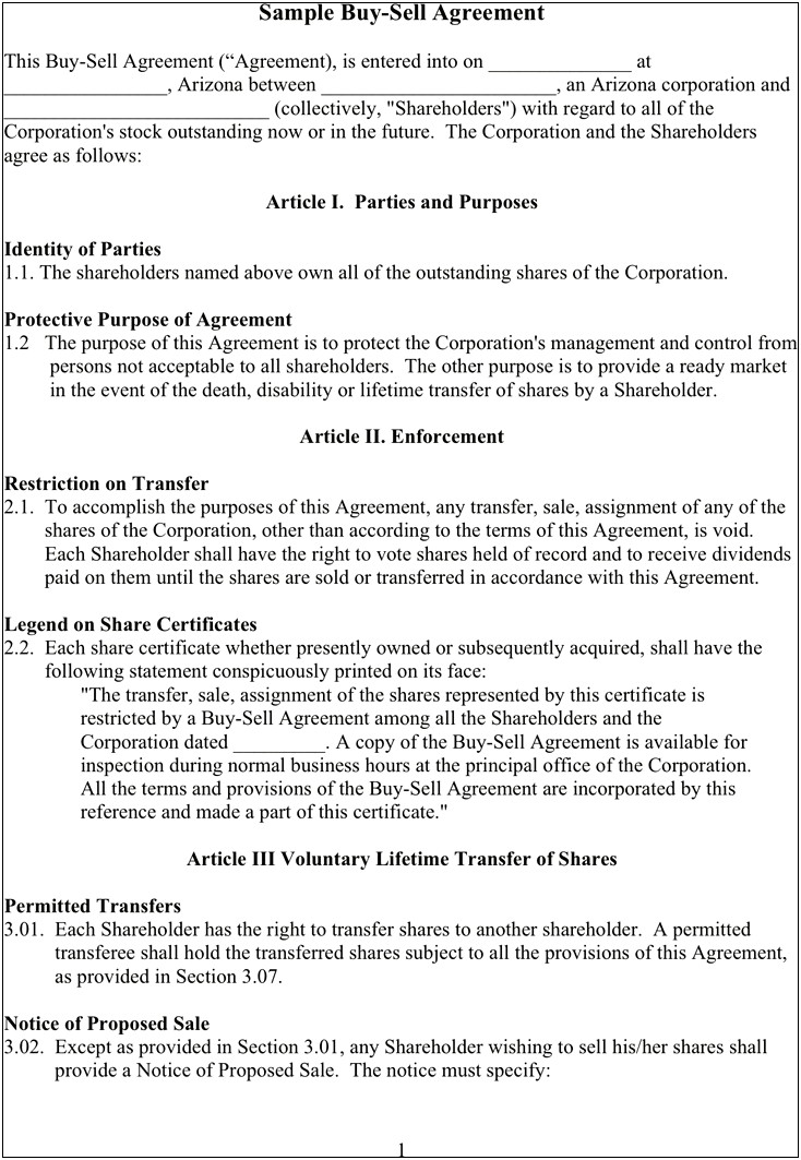 Sale Of Shares Agreement Template Free