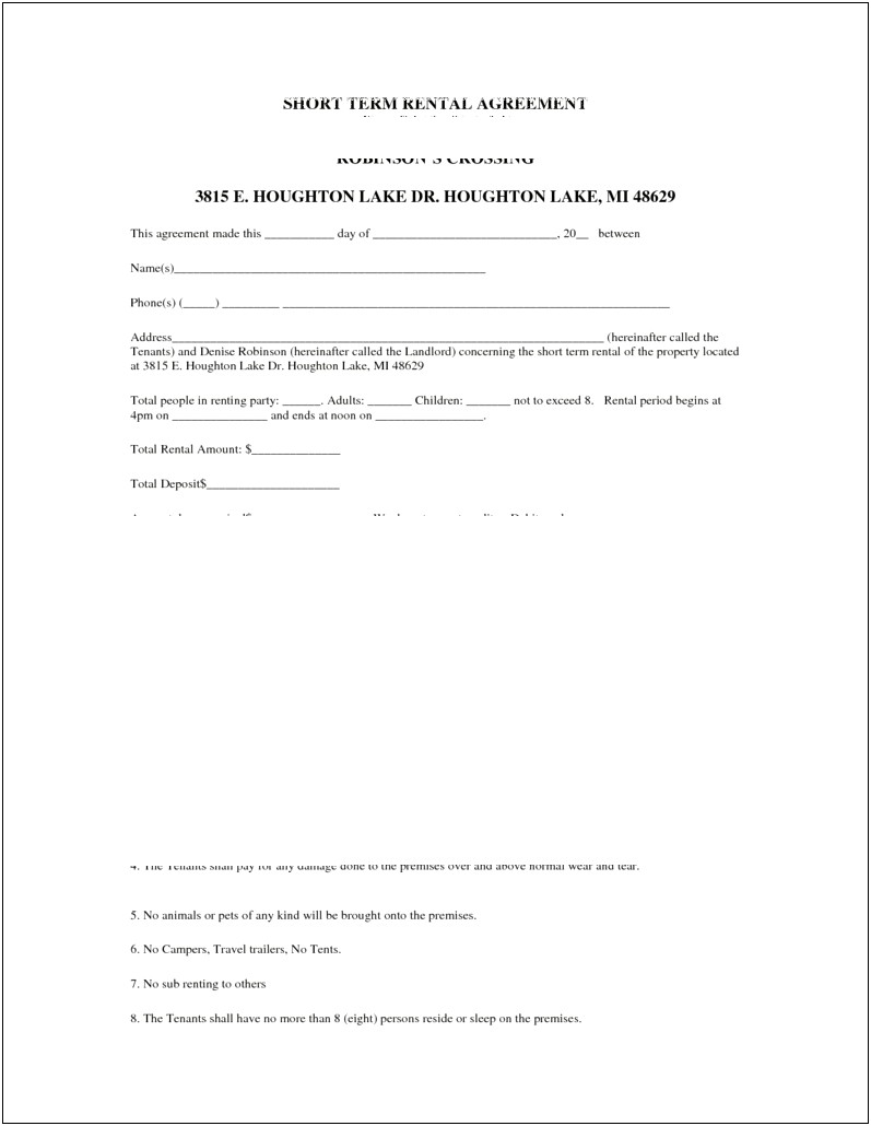 Short Term Rental Agreement Free Template