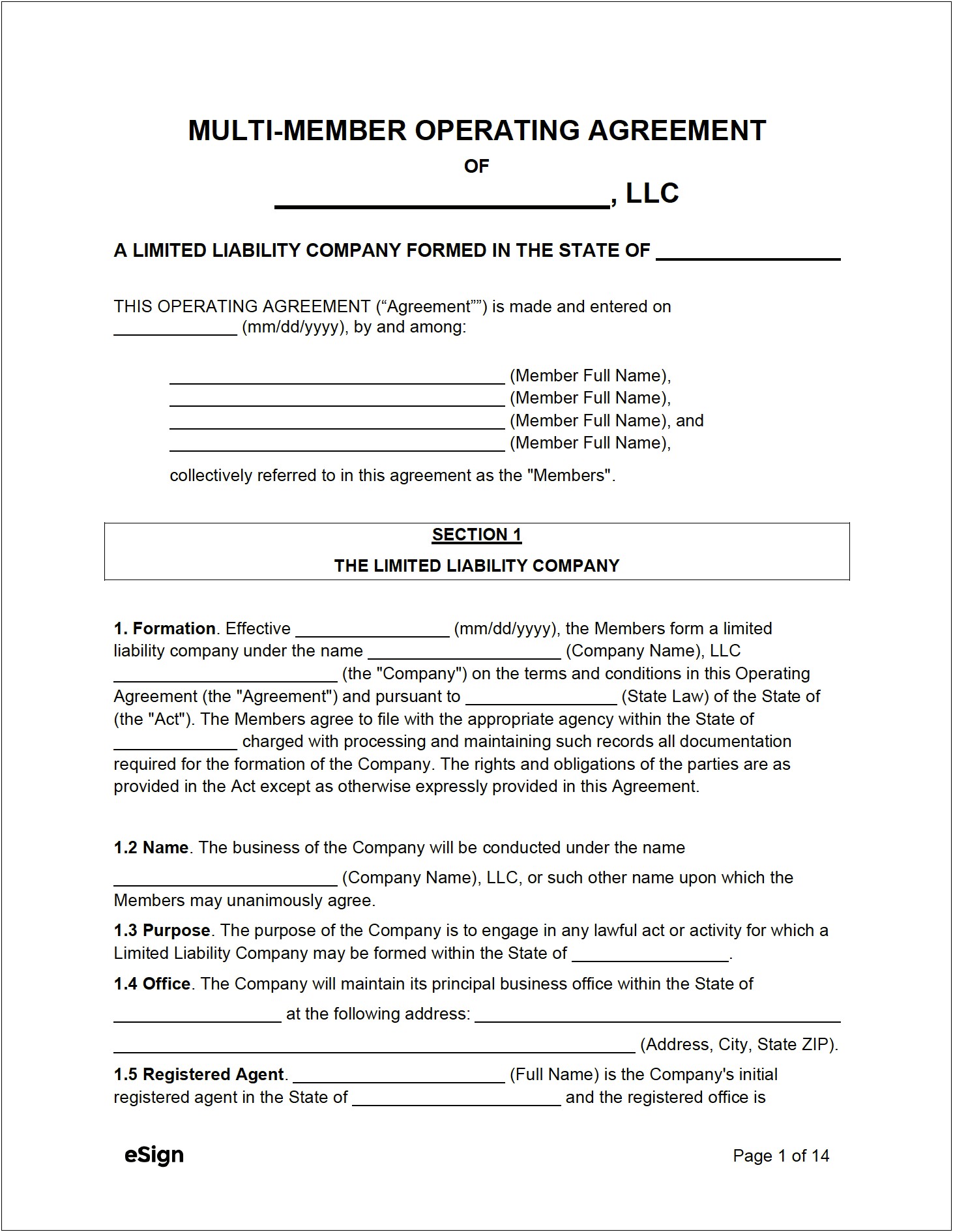 Single Member Llc Operating Agreement Free Template