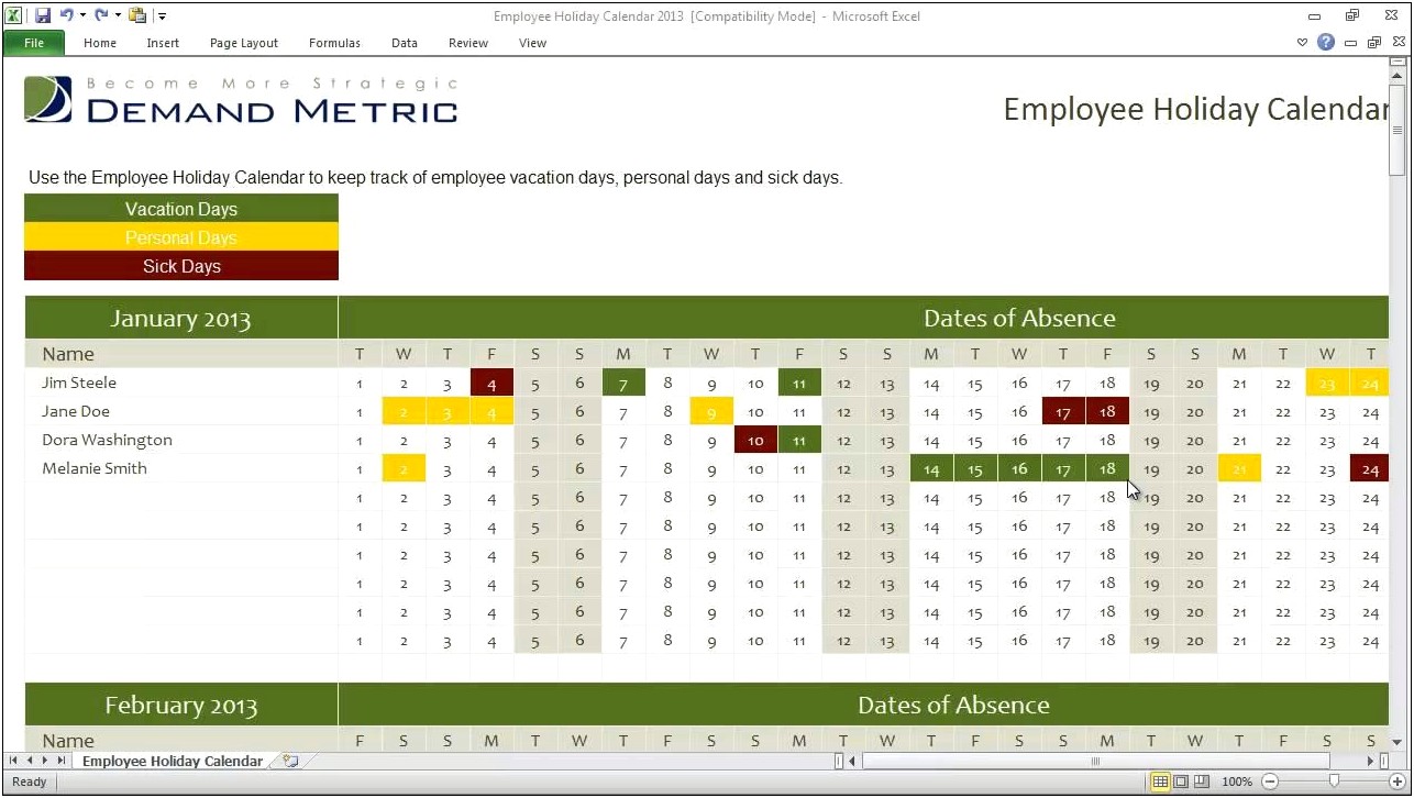 Staff Holiday Planner Template Free Excel 2016