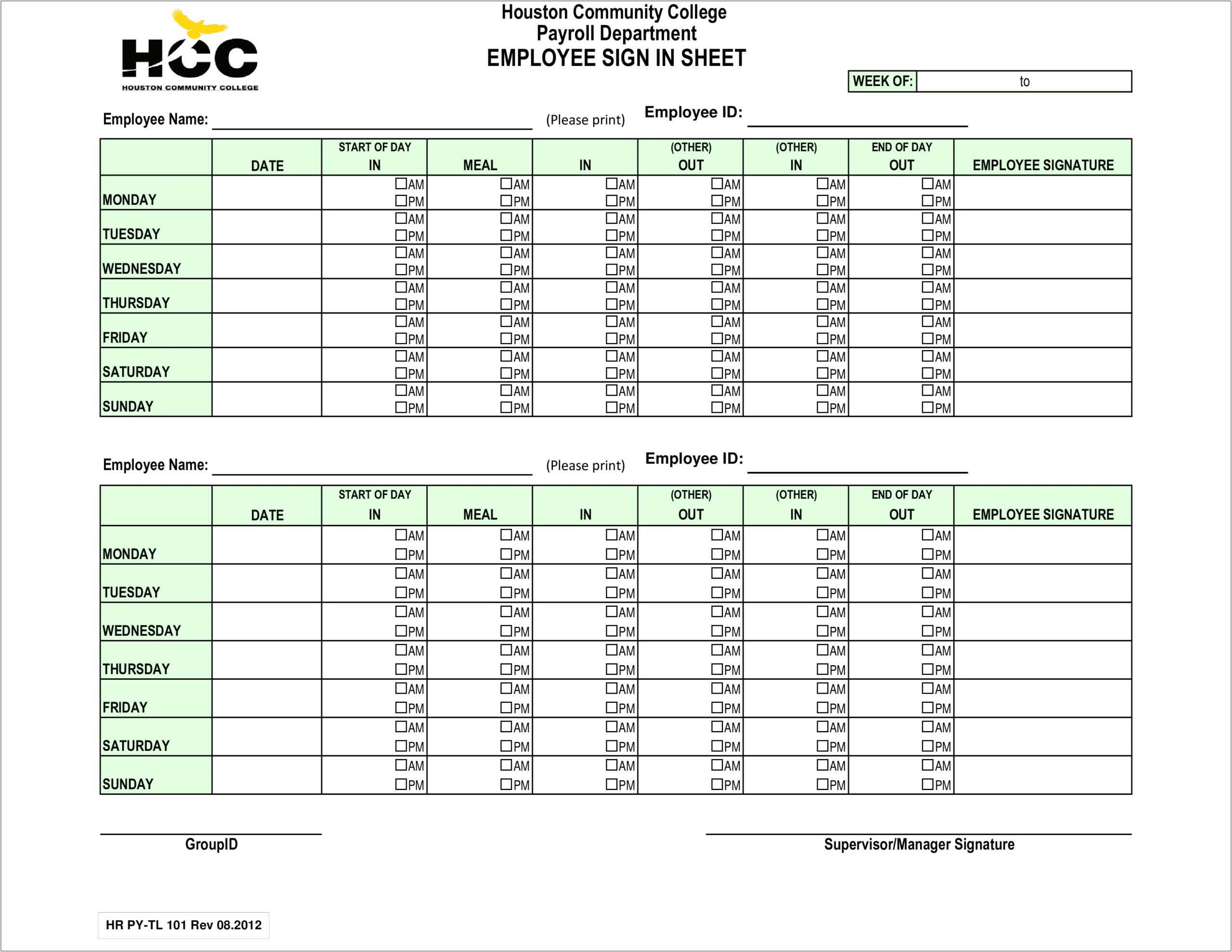 Weekly Sign In Sheet Template Free