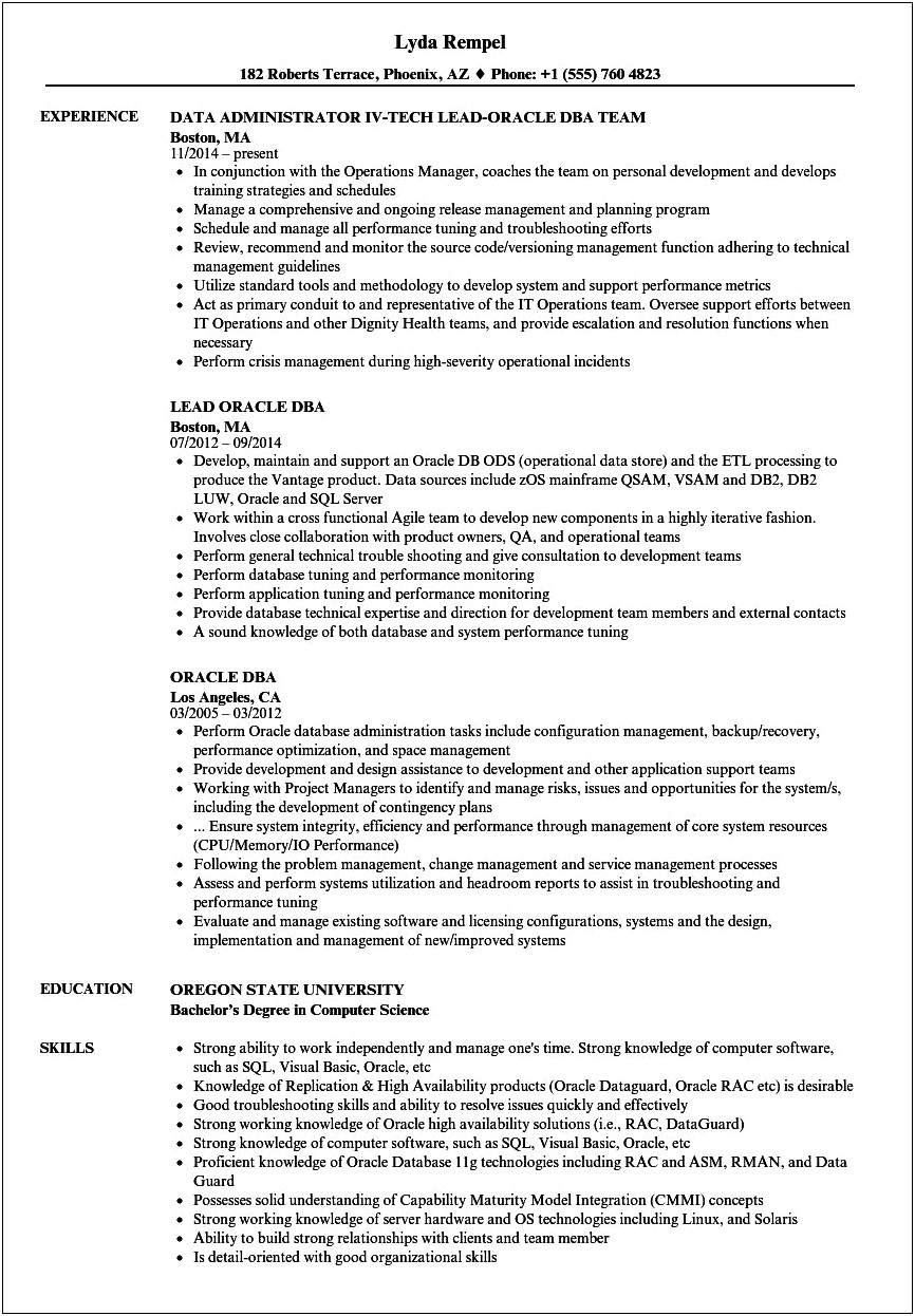 1 Year Experience Resume Format For Oracle Dba