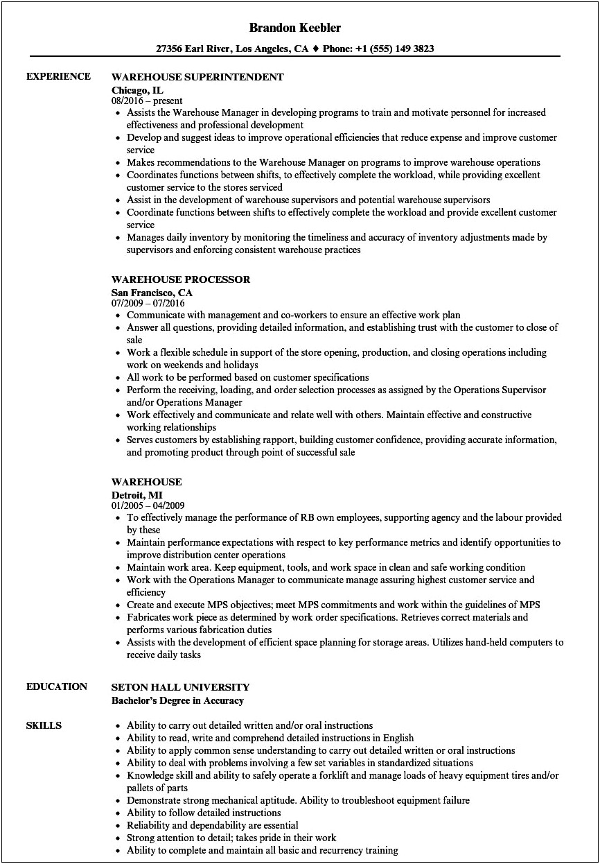 1 Year Of Warehouse Experience Resume