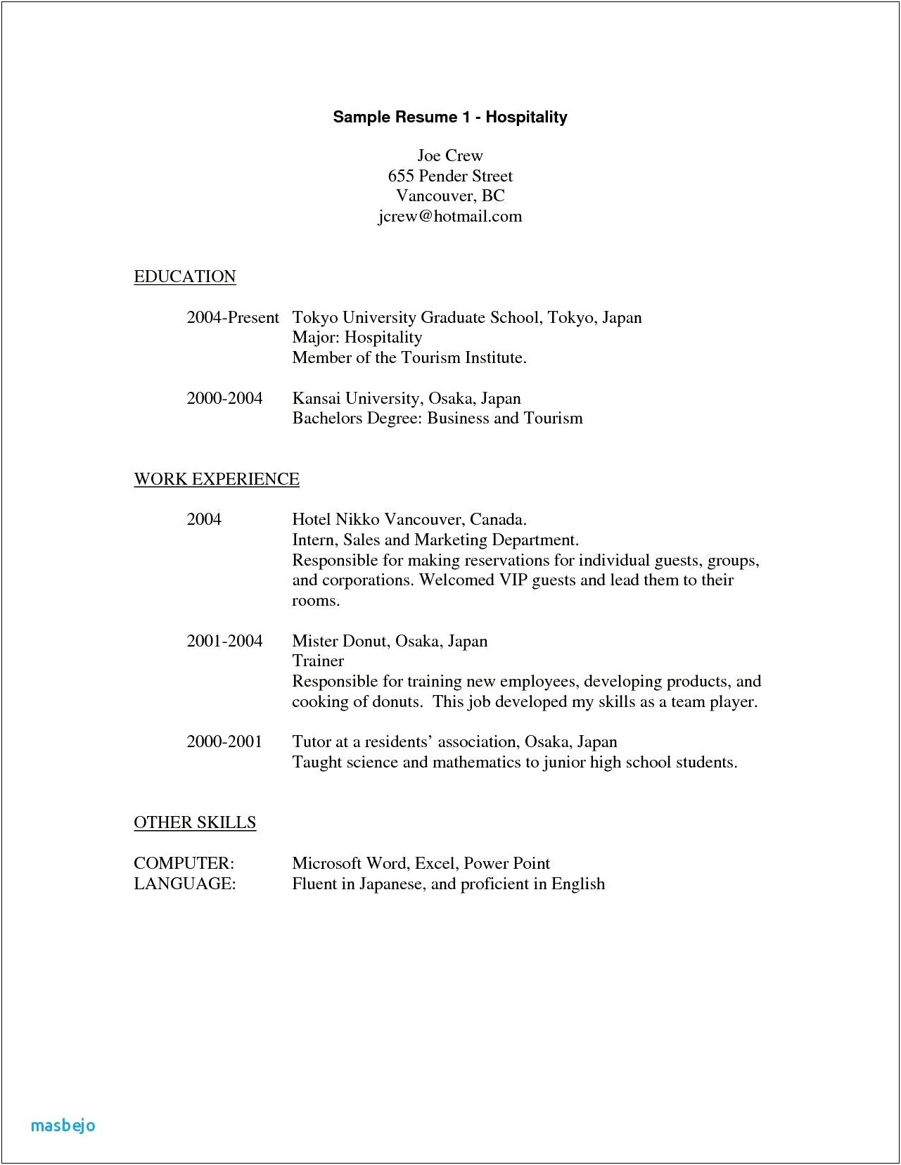 1st Time Hotel Resume Job Objective