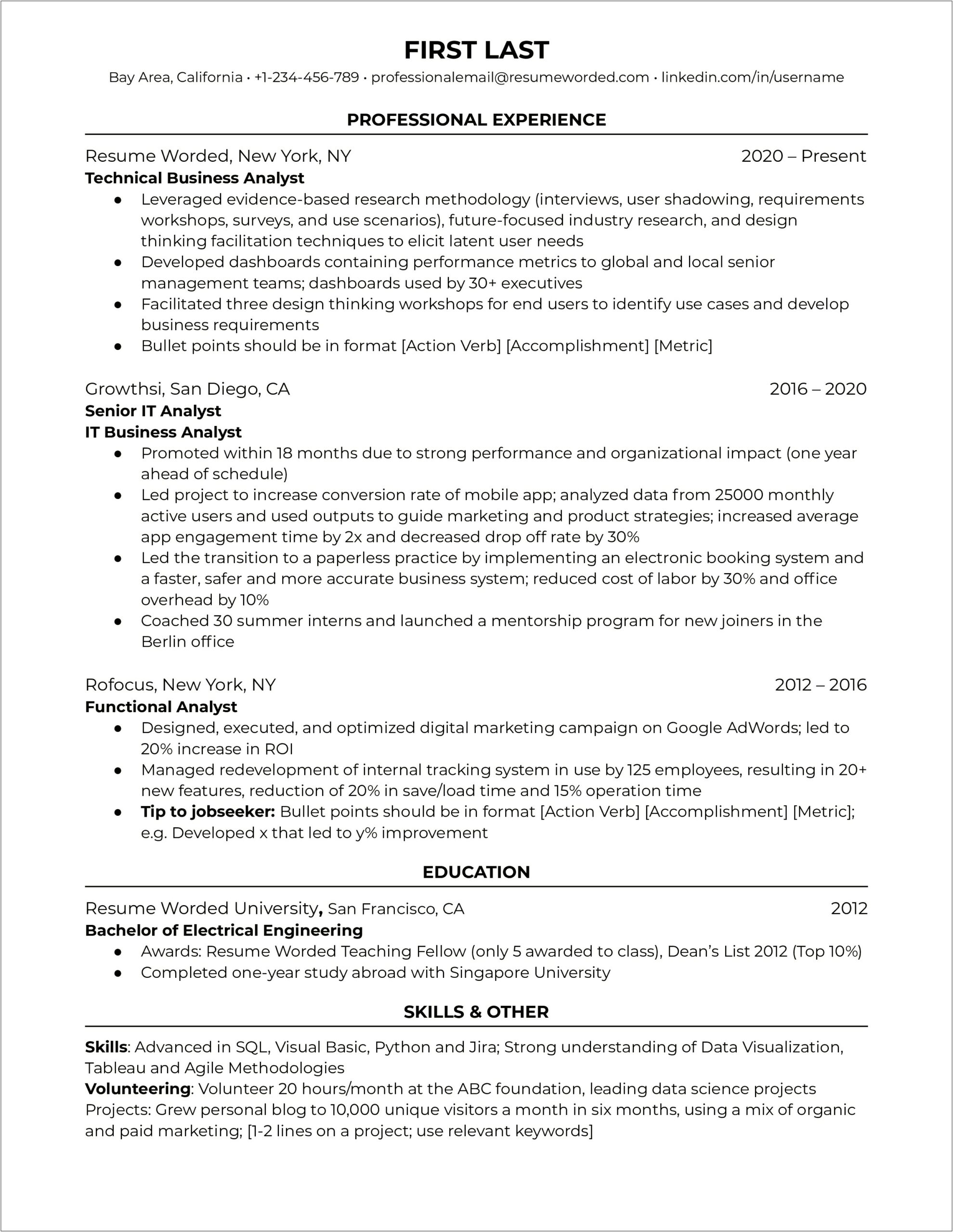 2 3 Years Experience Business Analyst Resume