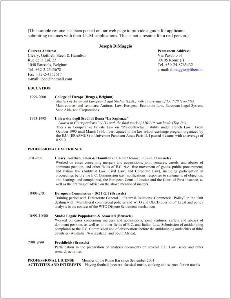 2 Page Resume Law School Examples