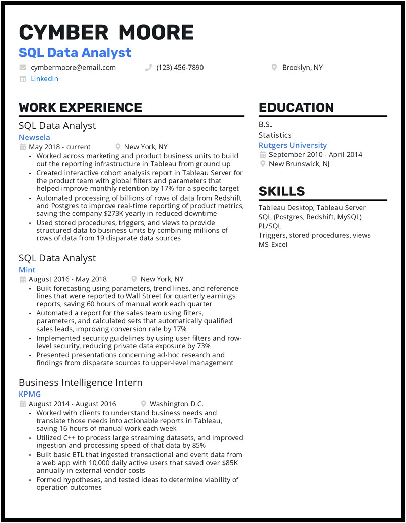 2 Years Experience Data Analyst Resume