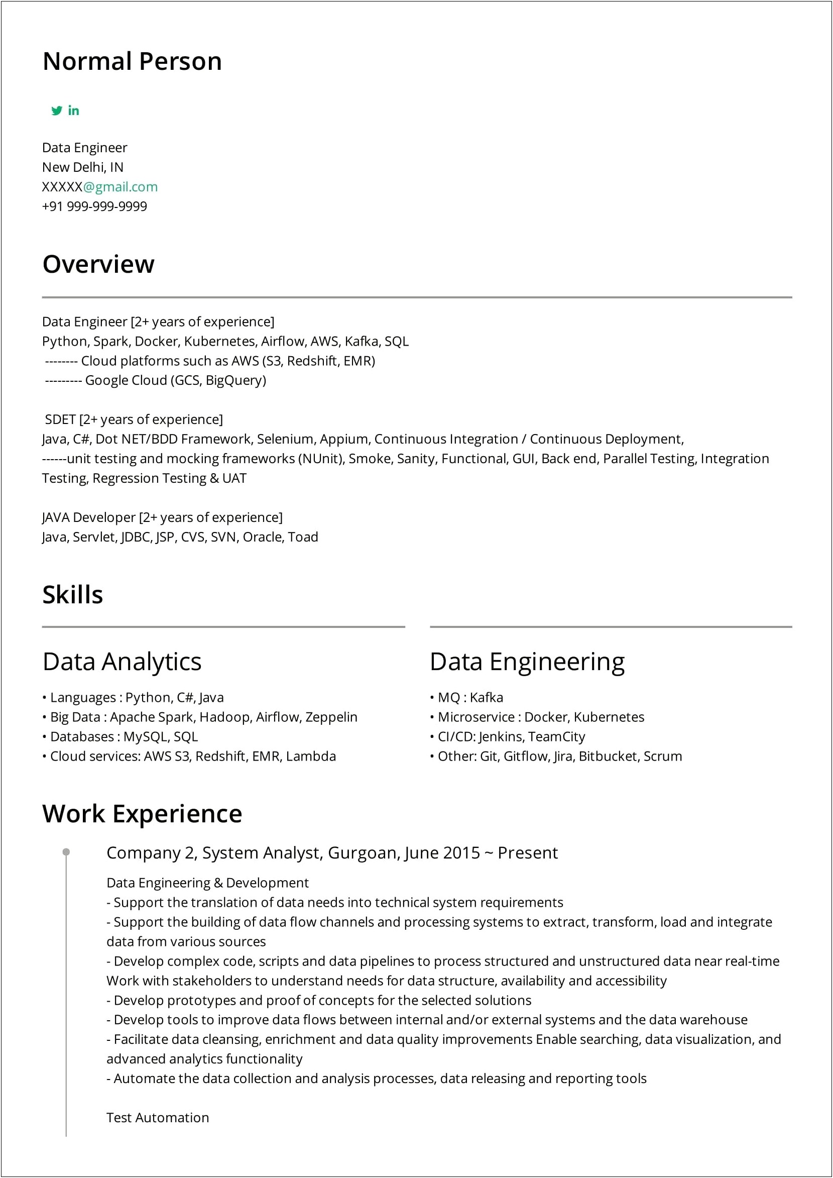 2 Years Experience Resume For Big Data Developer