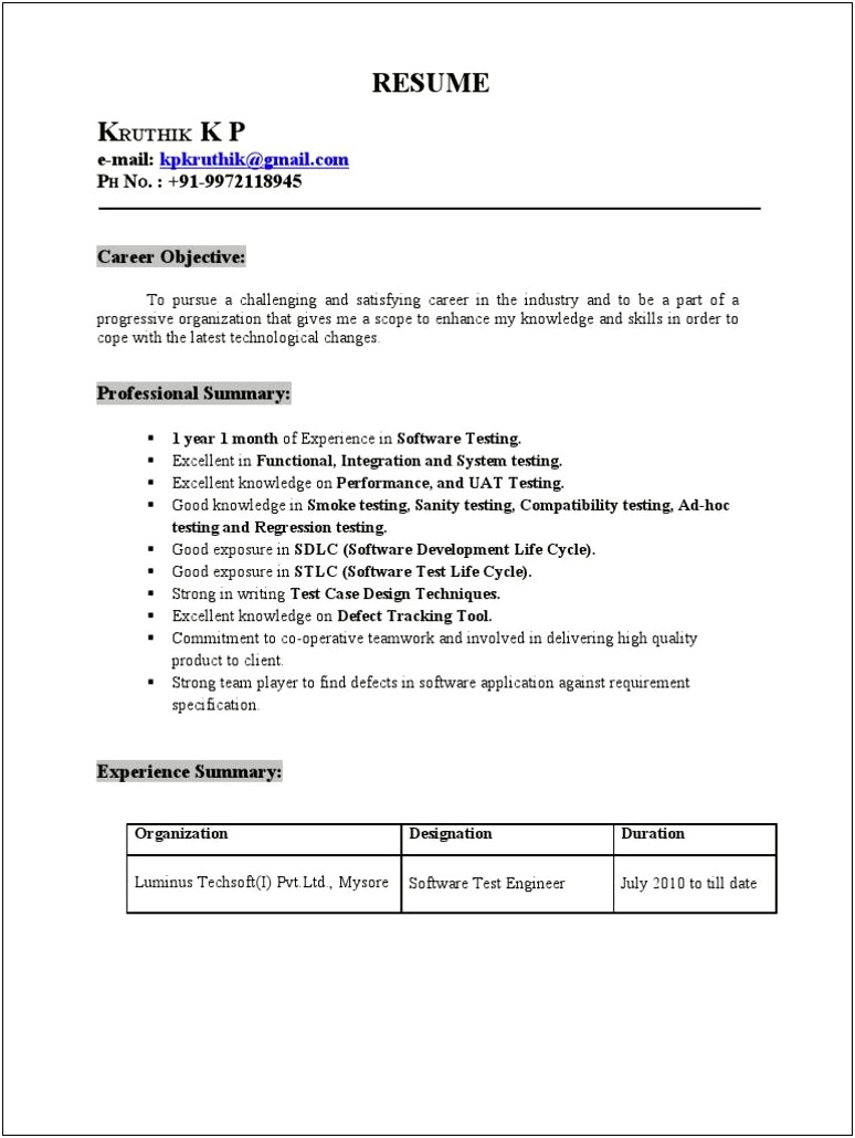 2 Years Experience Resume Format Manual Testing