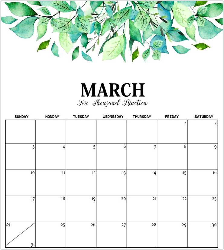 2019 Calendar Template Download Pretty March Printable