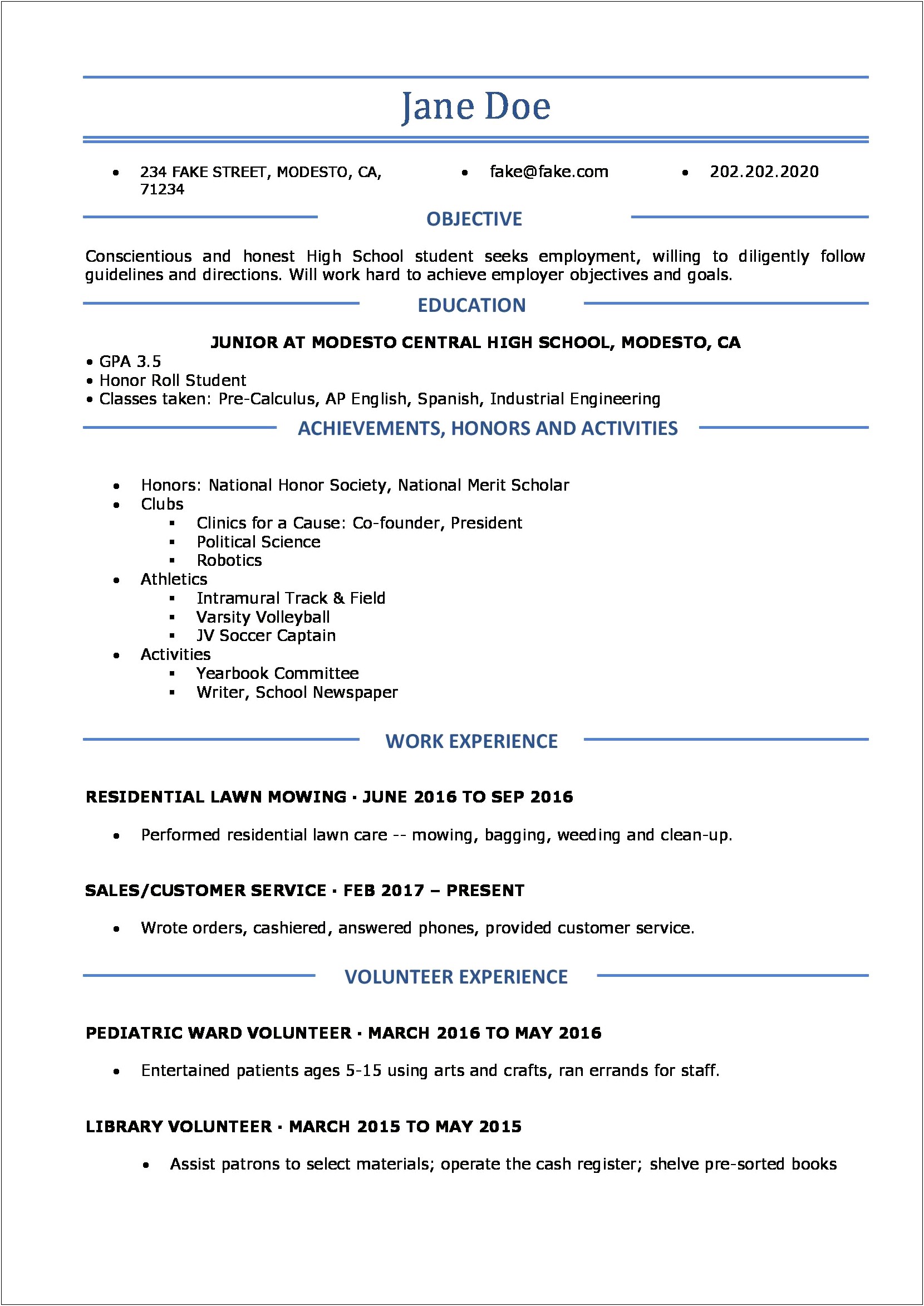 2019 Resume Template For High School Student