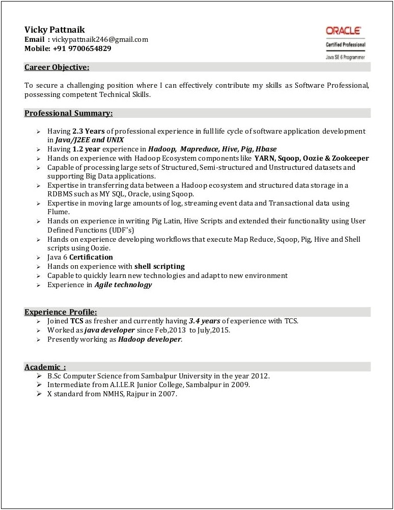 4 Years Experience In Hadoop Resume