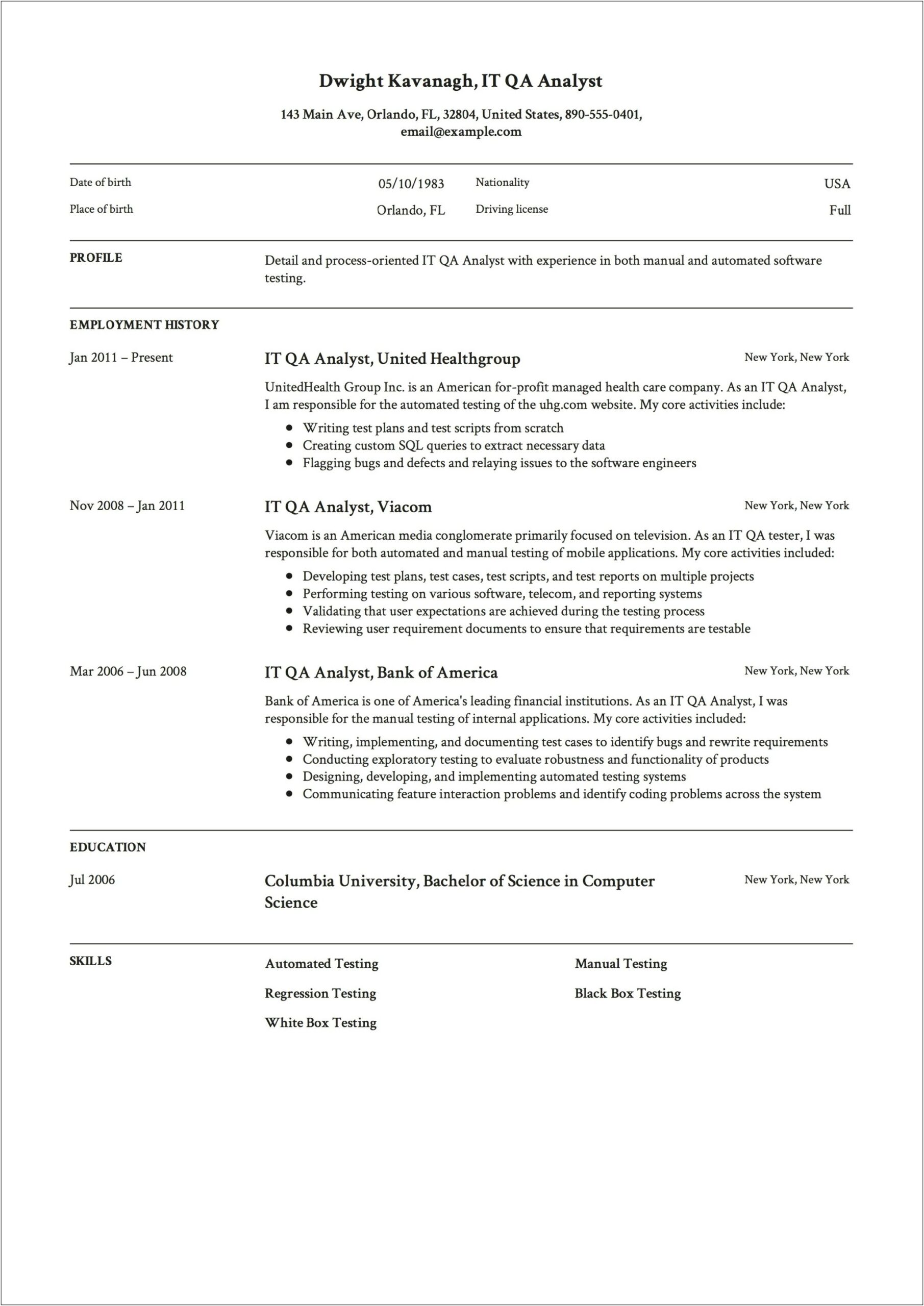 4 Years Experience Qa Analyst Resume Format