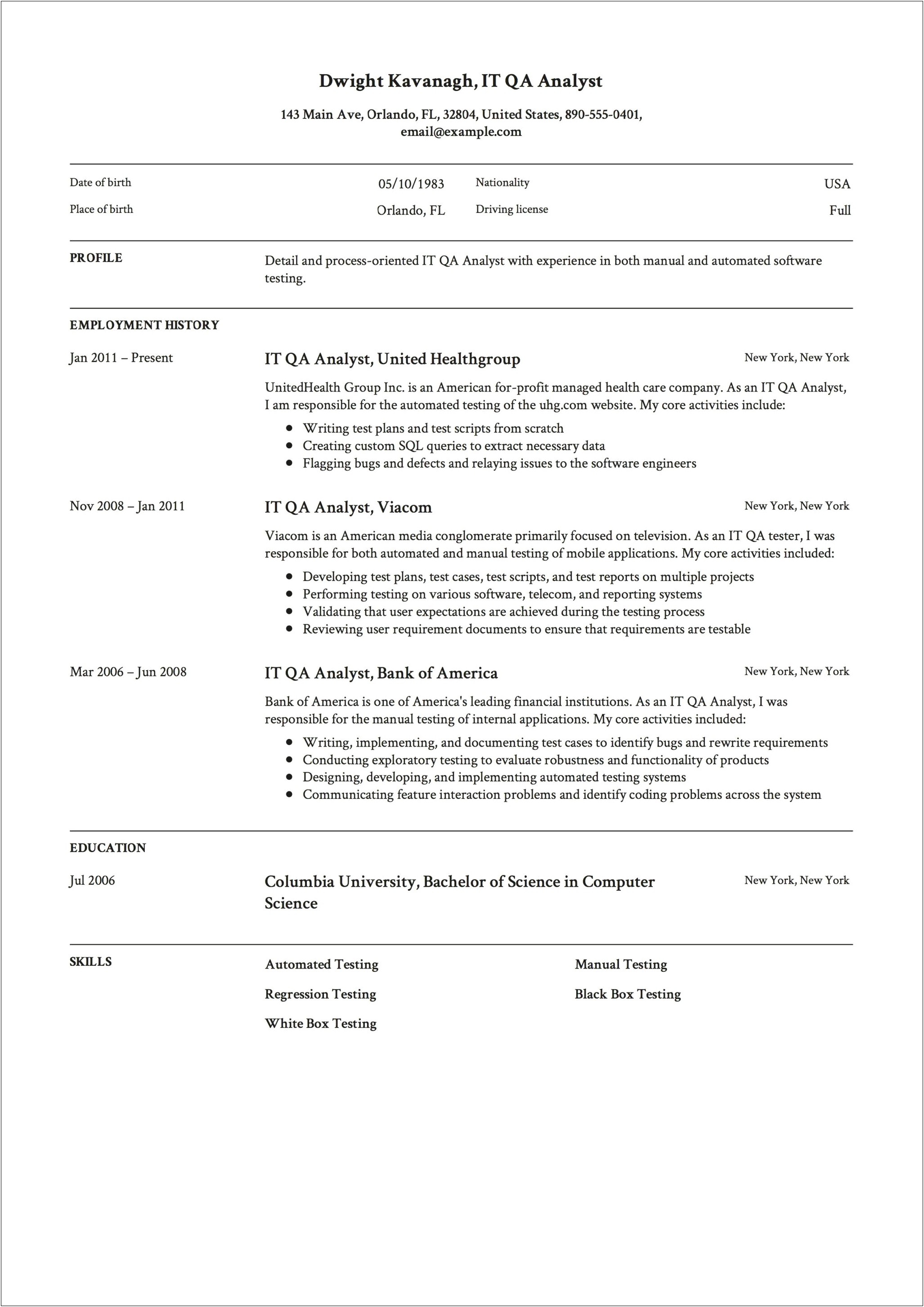 4 Years Experience Qa Analyst Resume Format