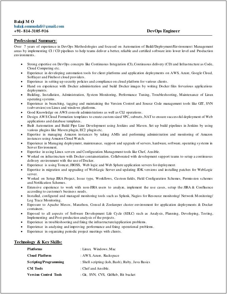 7 Years Devops Resume Samples Roles And Responsibilities