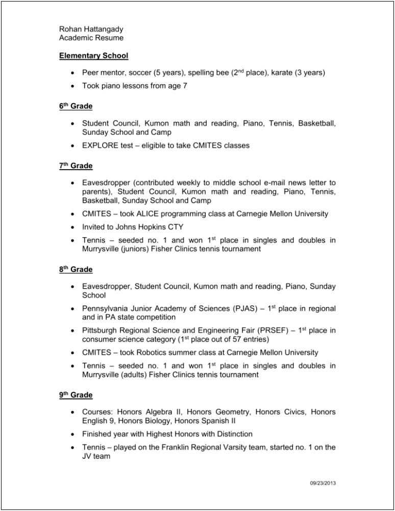 8th Grade Middle School Student Resume