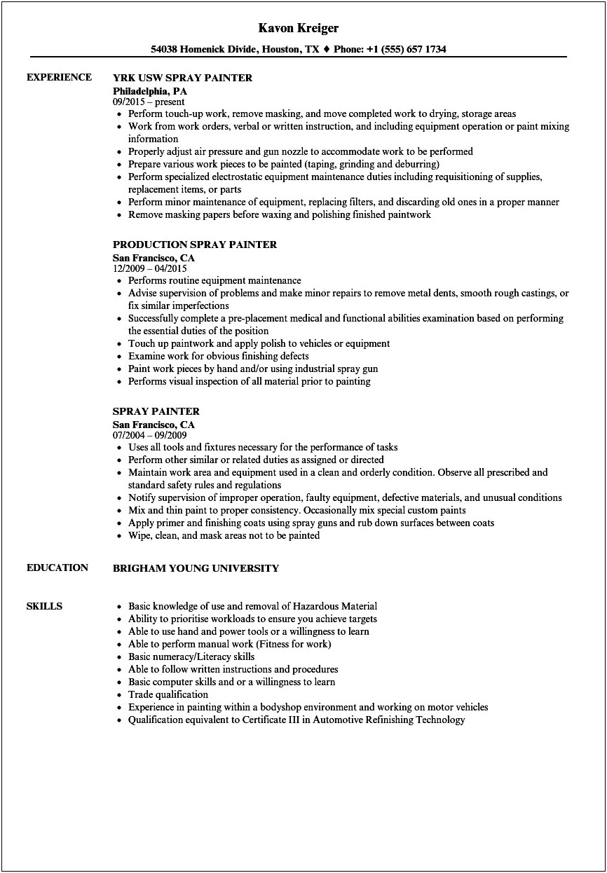 A Good Resume For A Workshop Painter