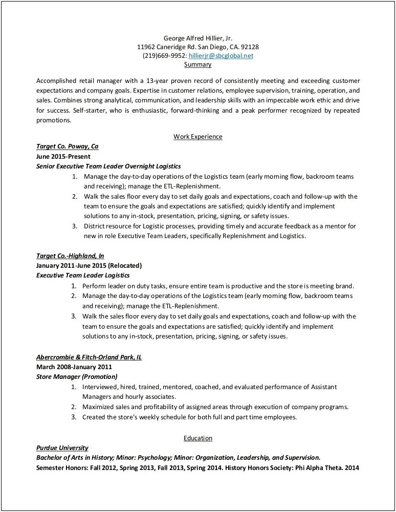 Abercrombie And Fitch Assistant Manager Resume