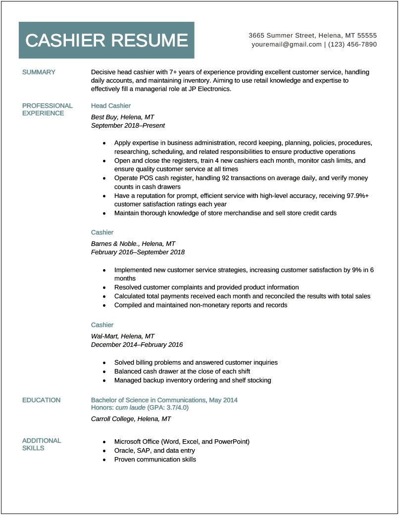 Able To Count Money Fast Cashier Resume Skill