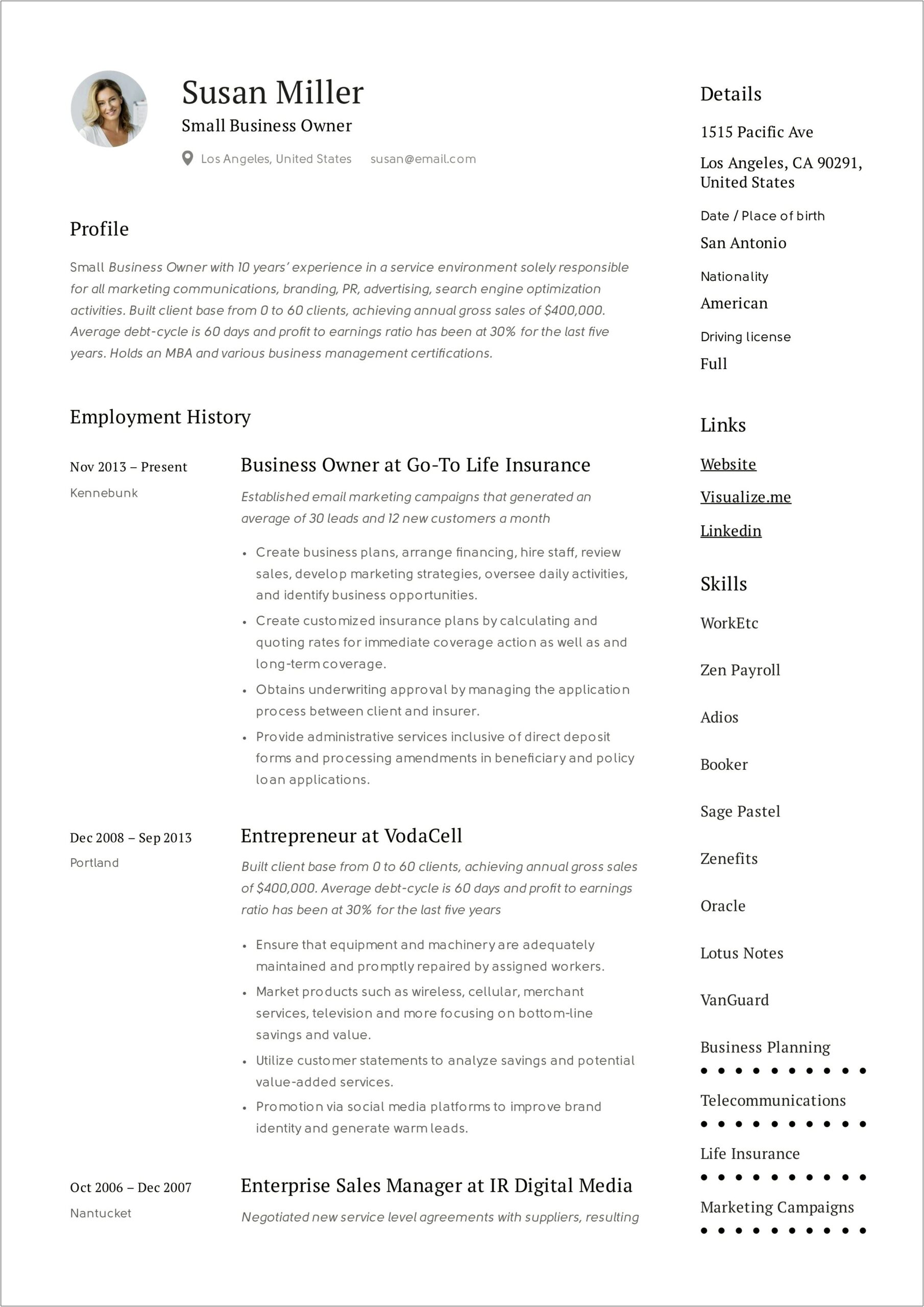 About Me In Buisness Resume Sample