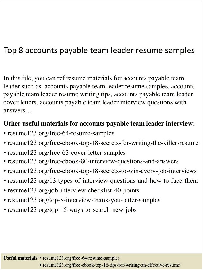 Accounts Payable Team Leader Resume Sample