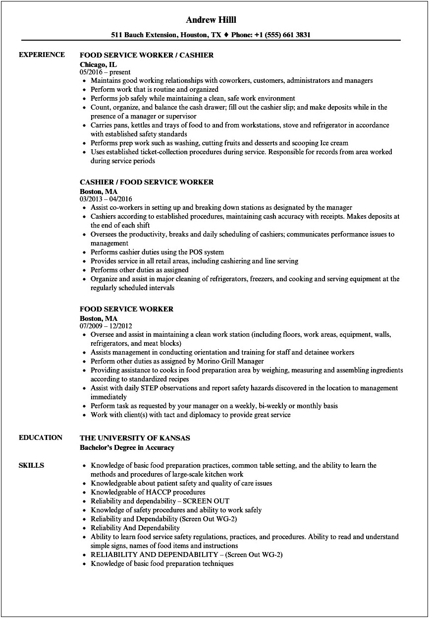 Acheivements For Foodservice Assistant Management Resume