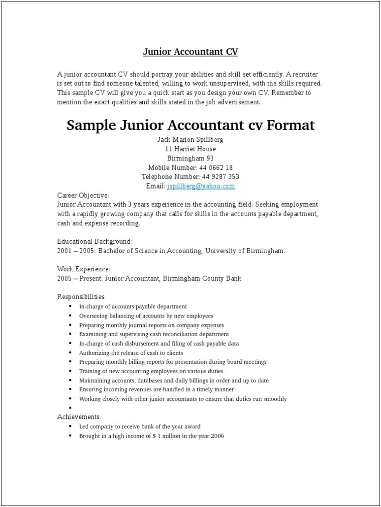 Achievement Example In Resume For Accountant Position