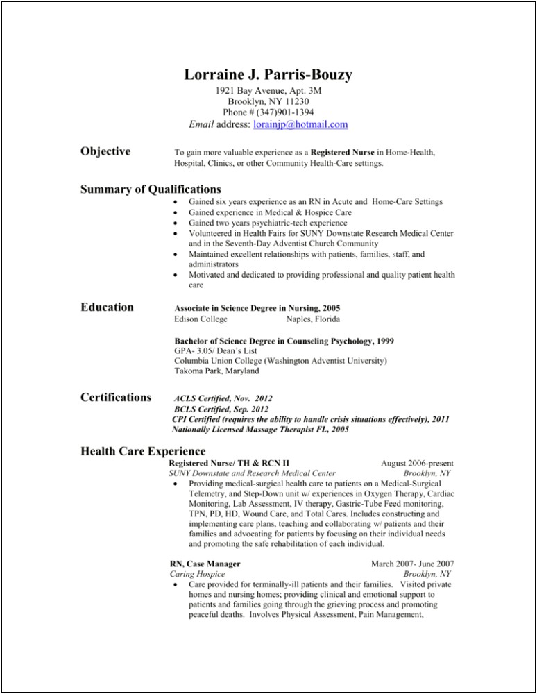 Acquired Experience In Pt Care Nursing Resume