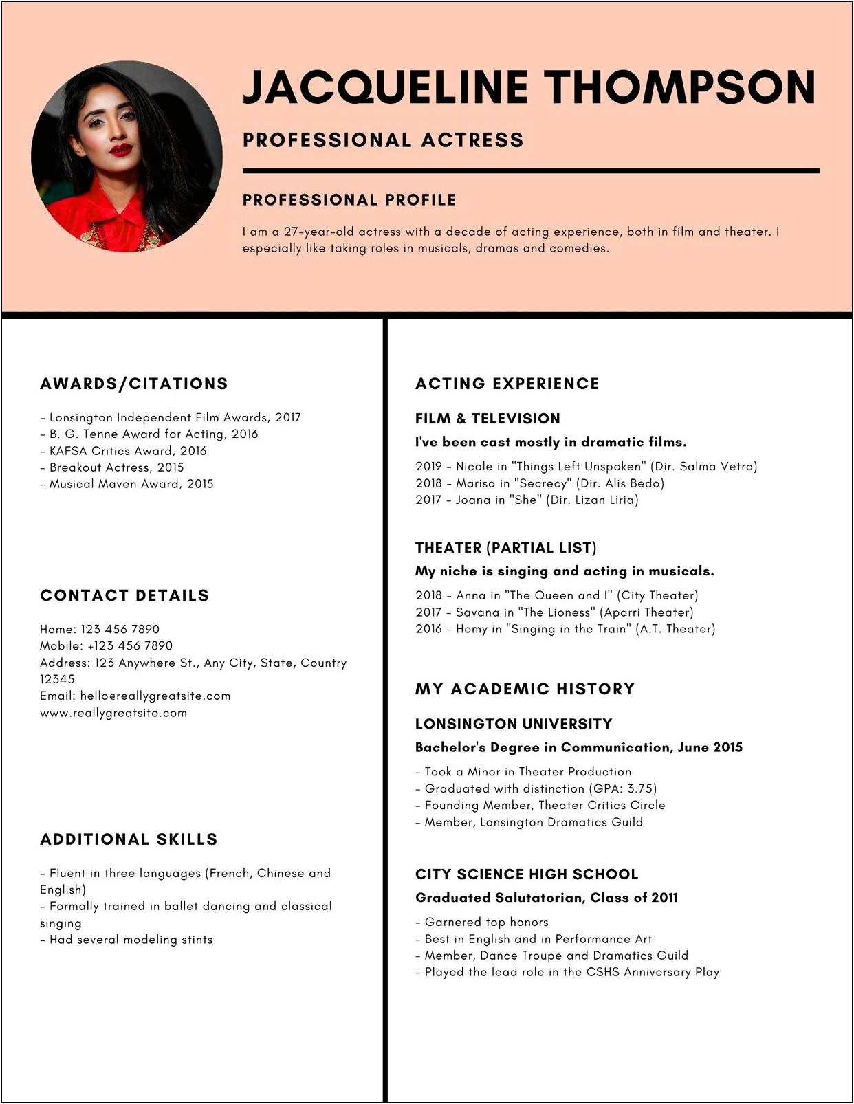 Acting Experience Resume For Youtube Roles