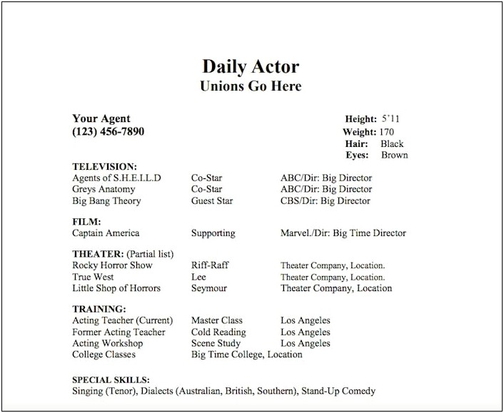 Acting Resume Free Template With Photo