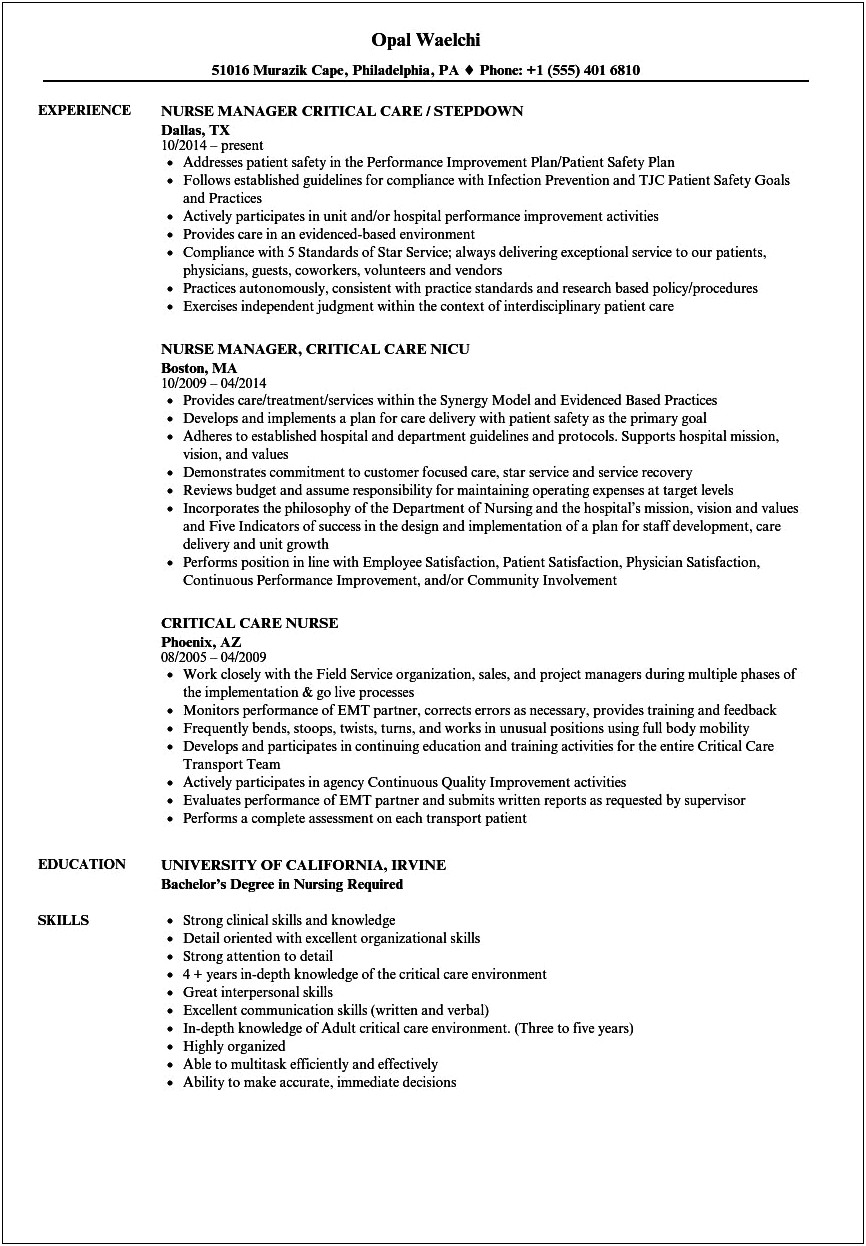 Acute Care Nursing Job Description For Resume