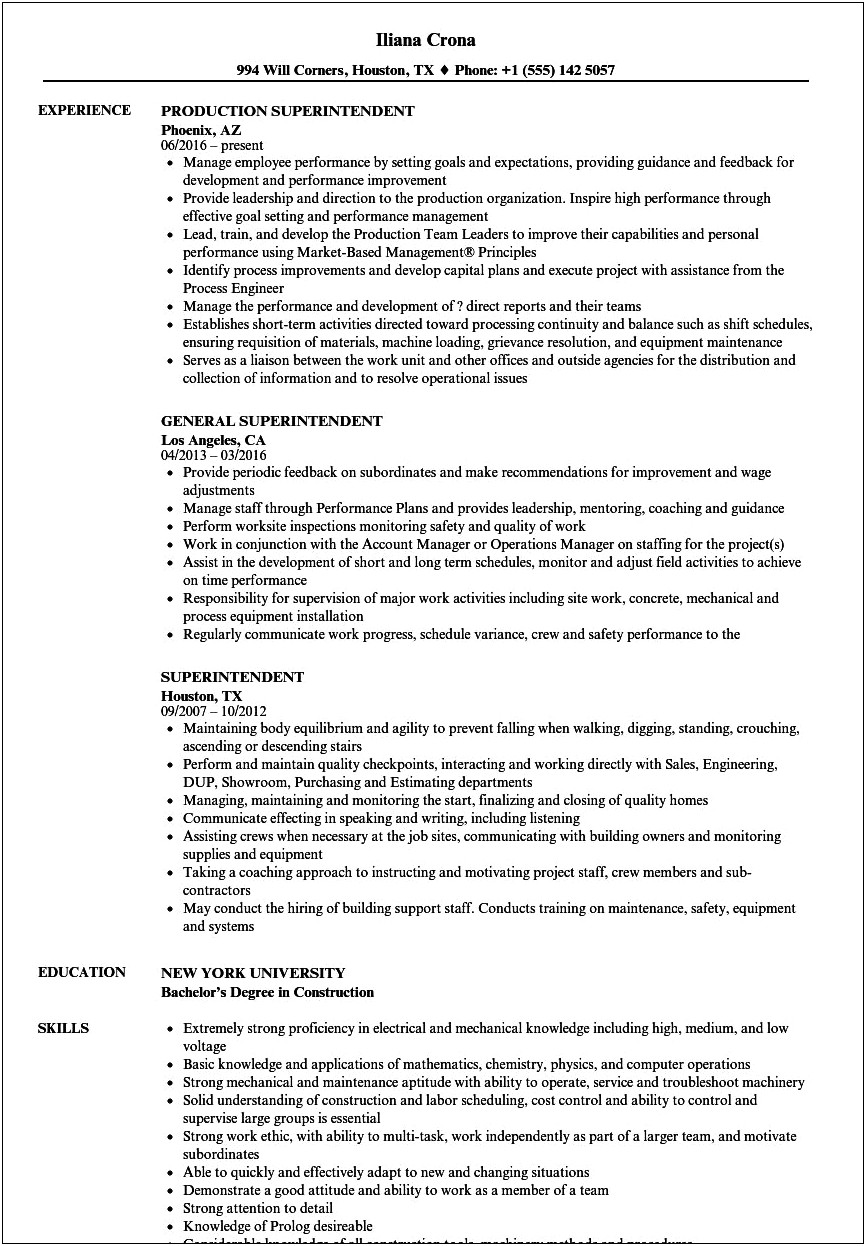 Additional Skills Of Superintendant On Resume