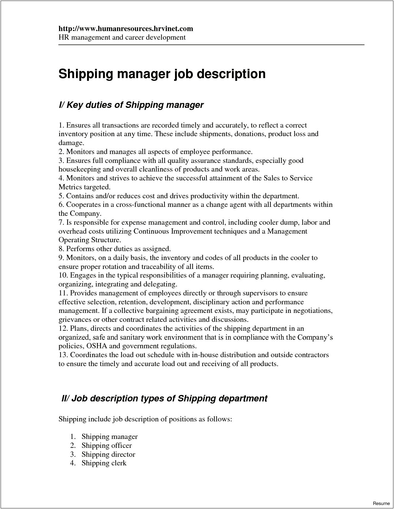 Administrative Shipping Clerk Job Description For Resume