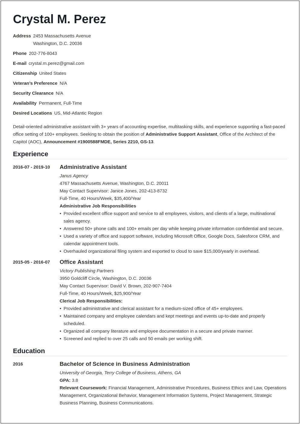 Administrative Support Assistant Federal Resume Sample