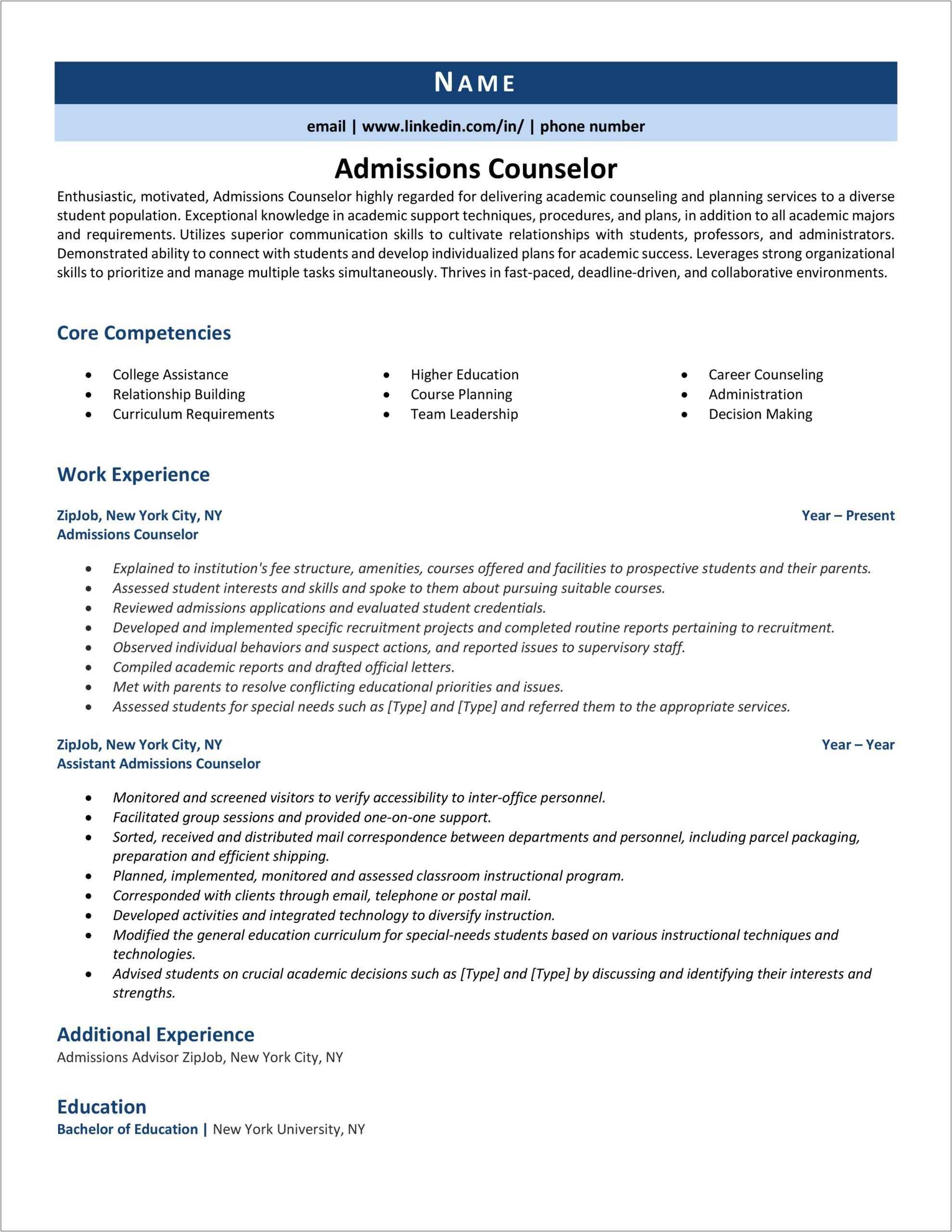 Admissions Assistant Resume No Work Experience