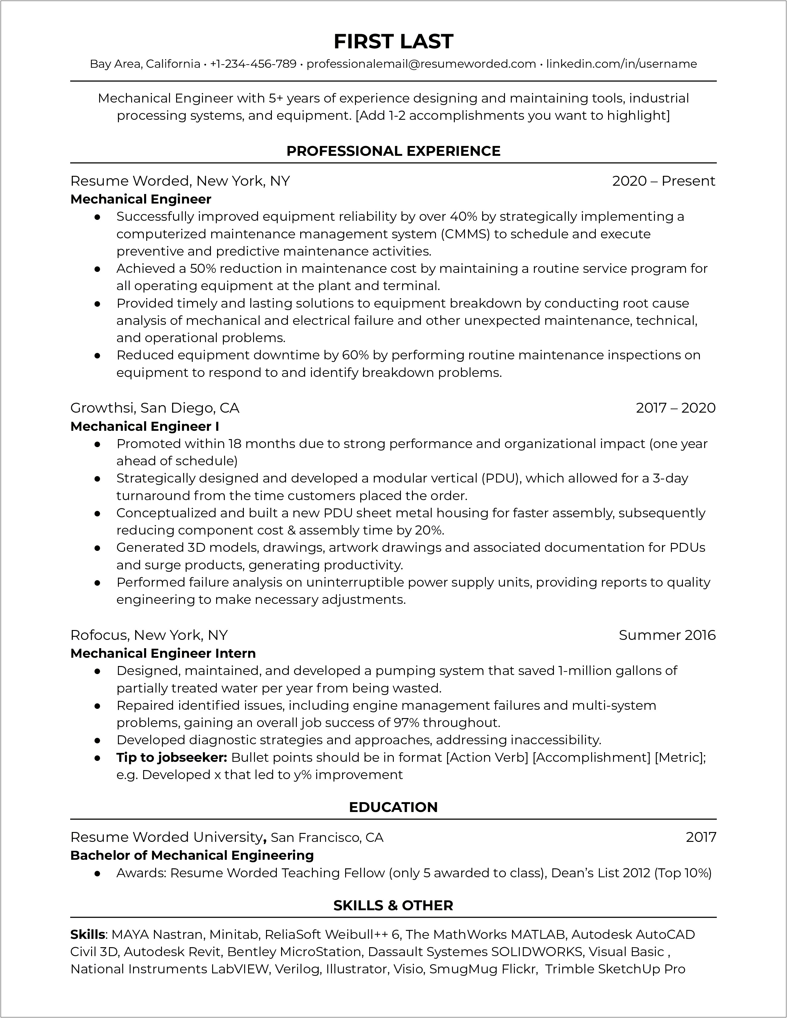 Aerospace Engineer With Two Years Experience Resume