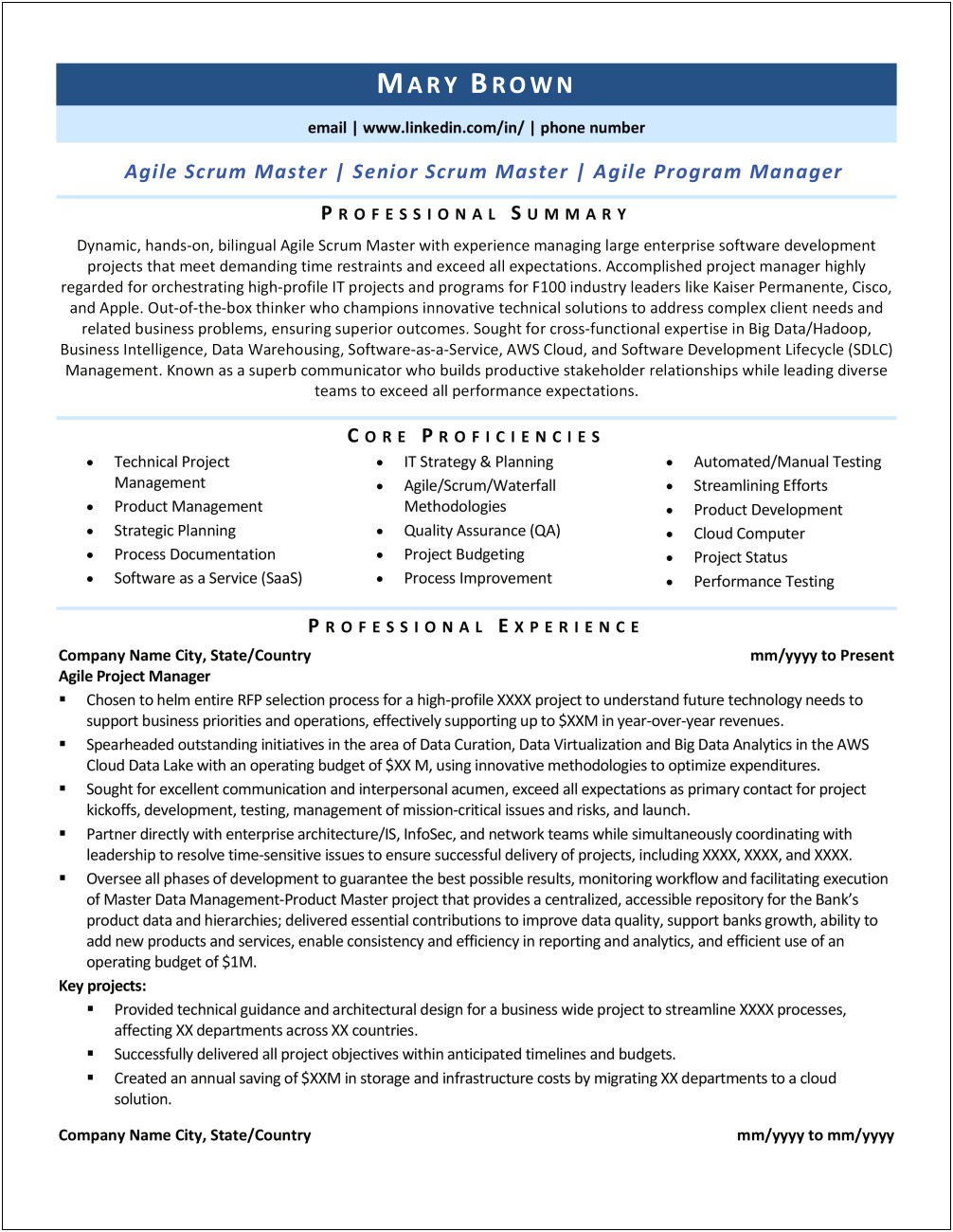 Agile Project Manager With Scrume Resume