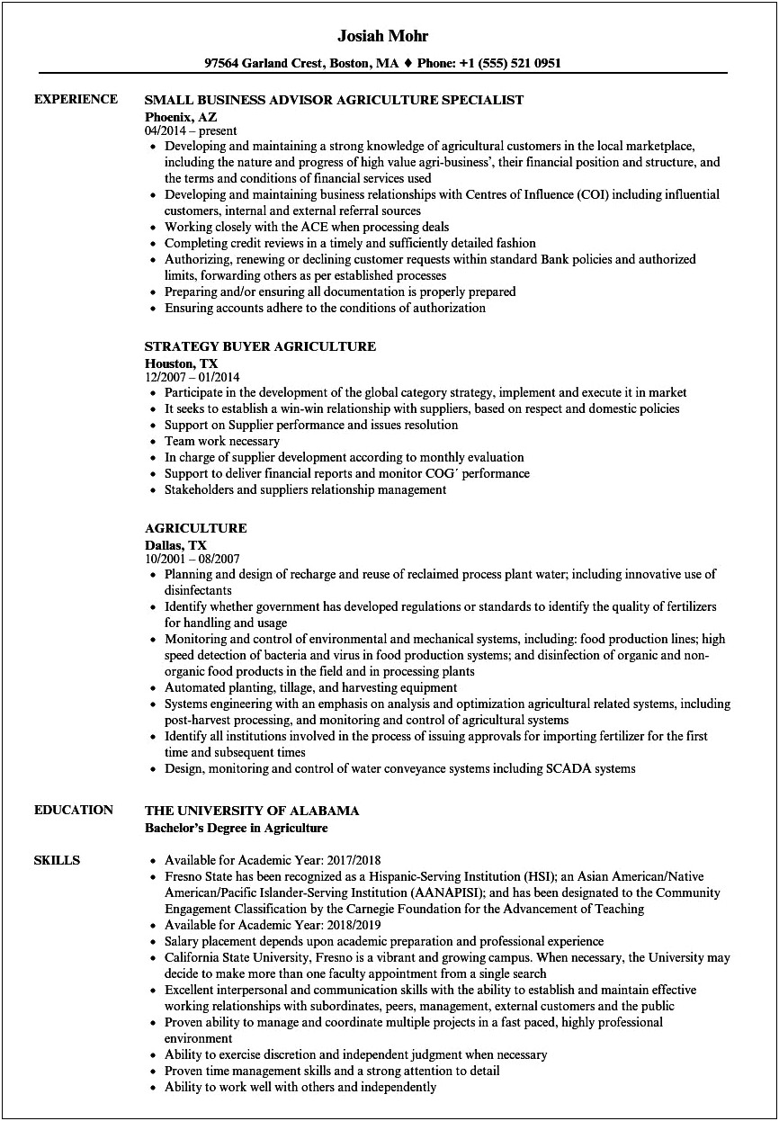 Agriculture Resume Sample In Swine Husbandry And Production