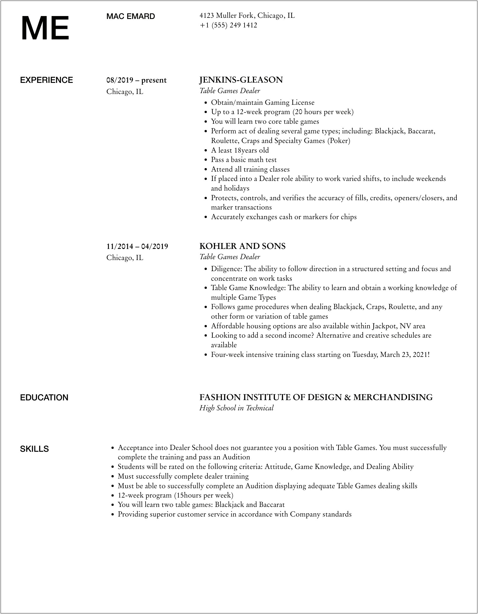 An Example Of A Great Poker Dealer Resume