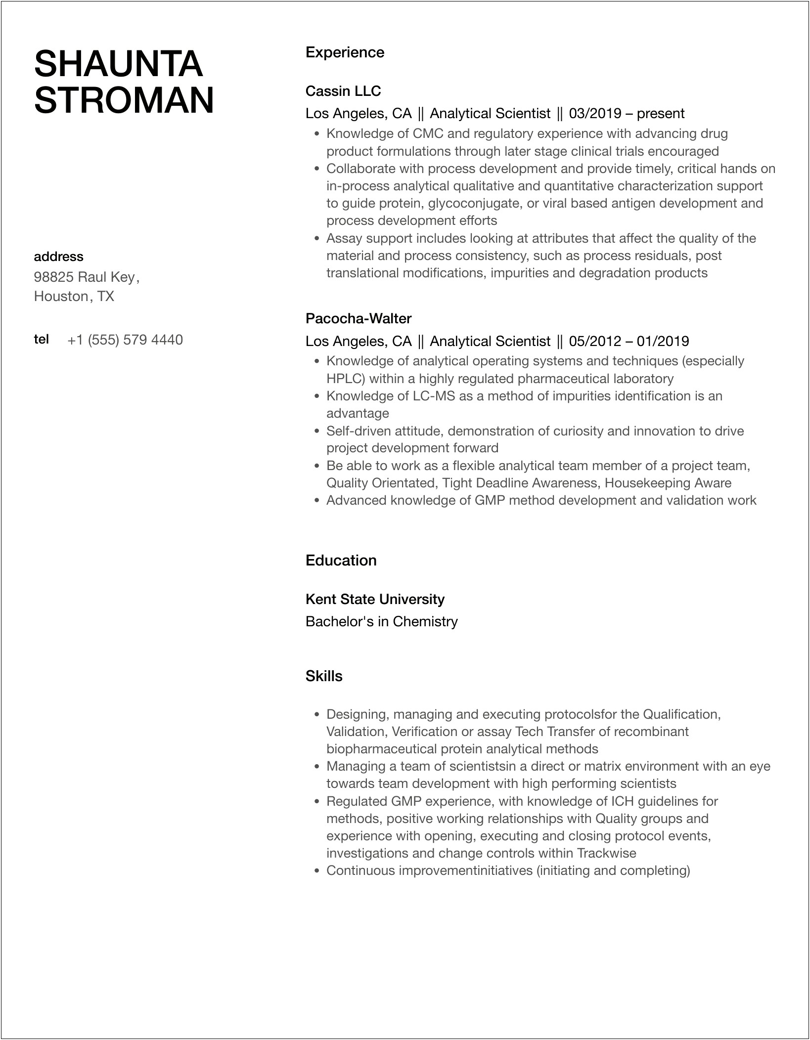 Analytical Scientist Chemist Resume With Objective