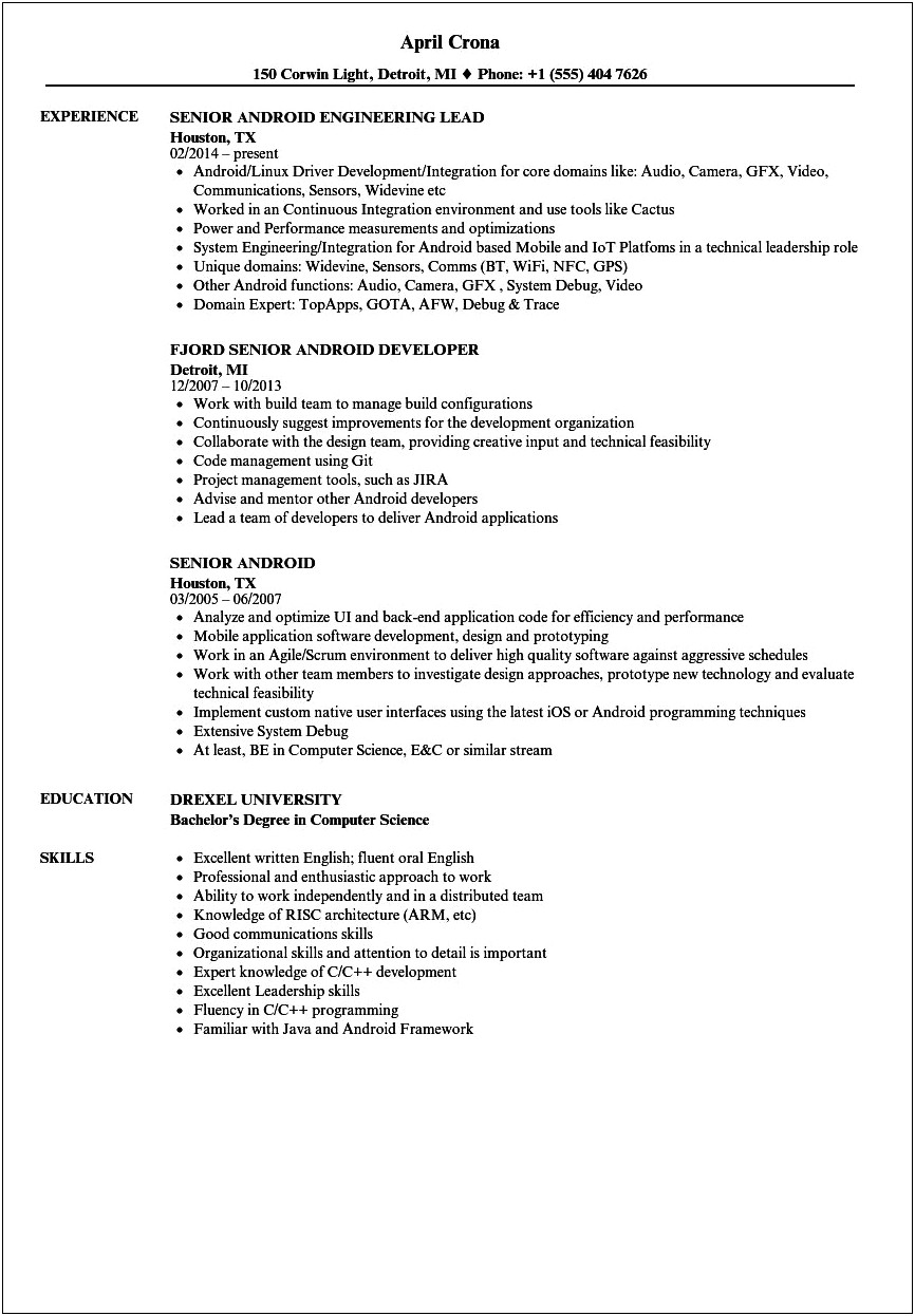 Android Developer 1 Year Experience Resume Sample