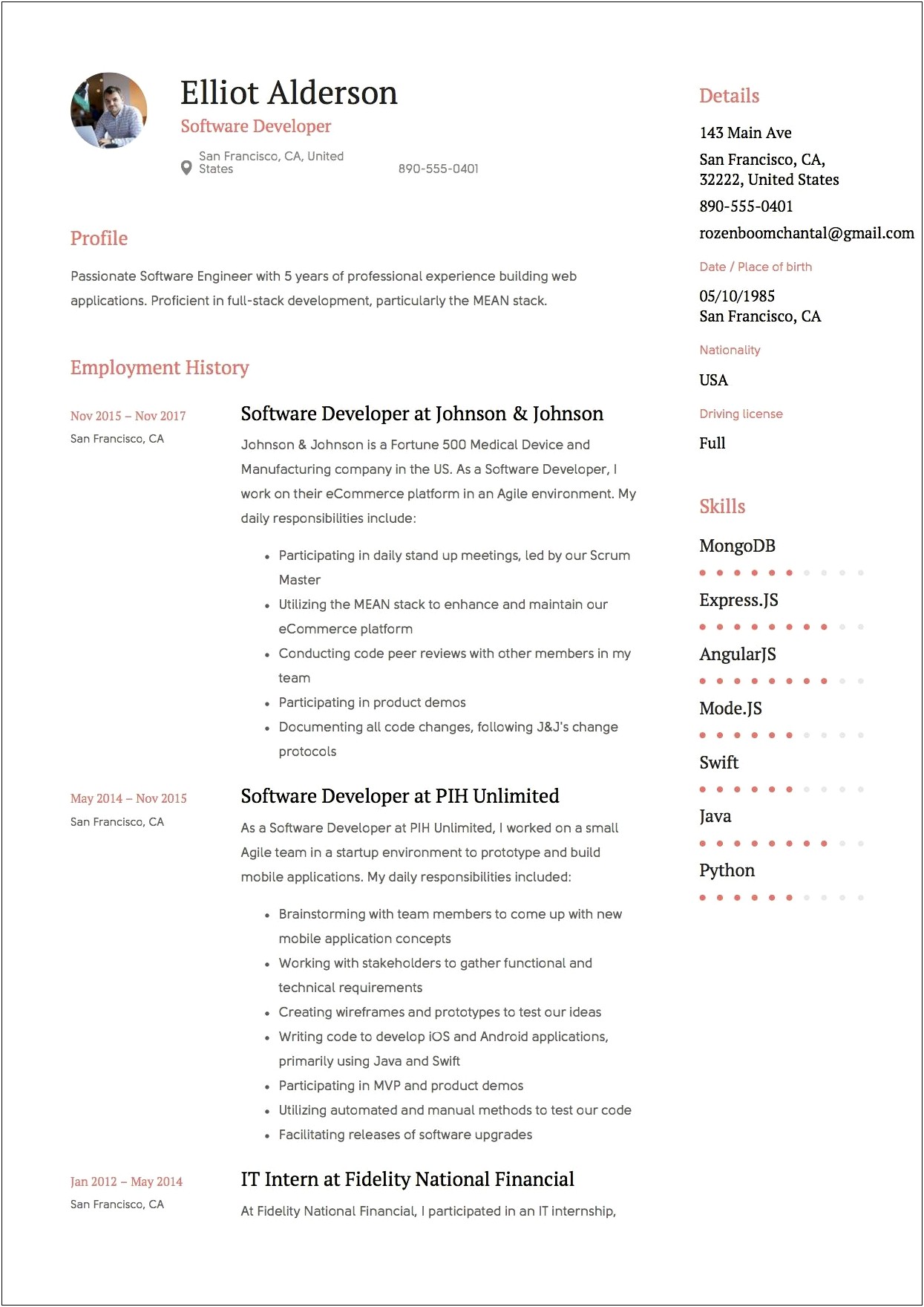 Android Developer Resume Template Free Download